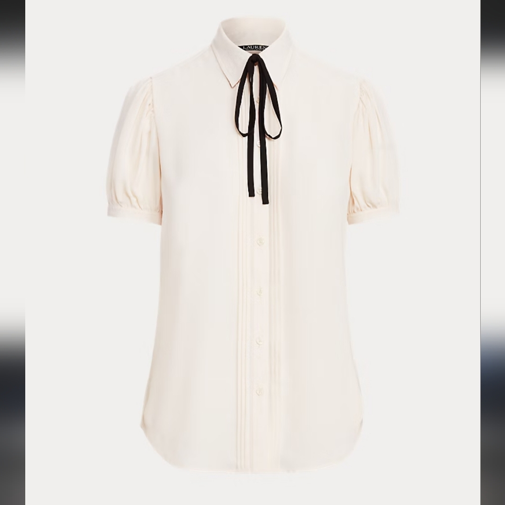 ralph lauren crinkle georgette puff sleeve bow collared shirt
